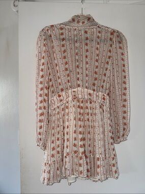 Floral Stripe Long-Sleeve Mini Dress - White with Coral Floral